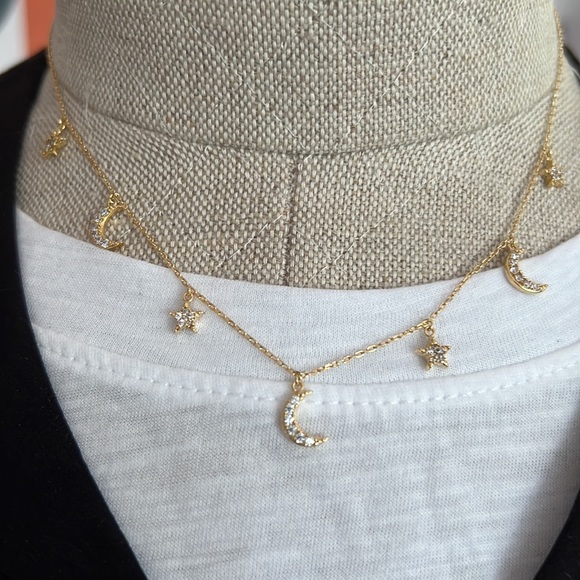 NEW Dainty Gold Collar Necklace With Pave Moon and Star Charms - Picture 4 of 4